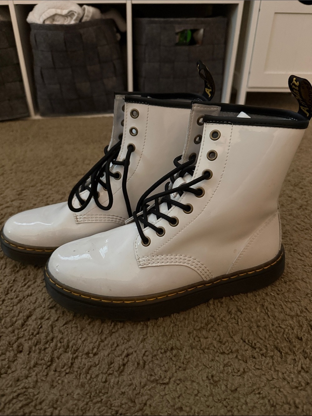 Dr. Martens White Patent Lace-Up Combat Boots with Black Trim